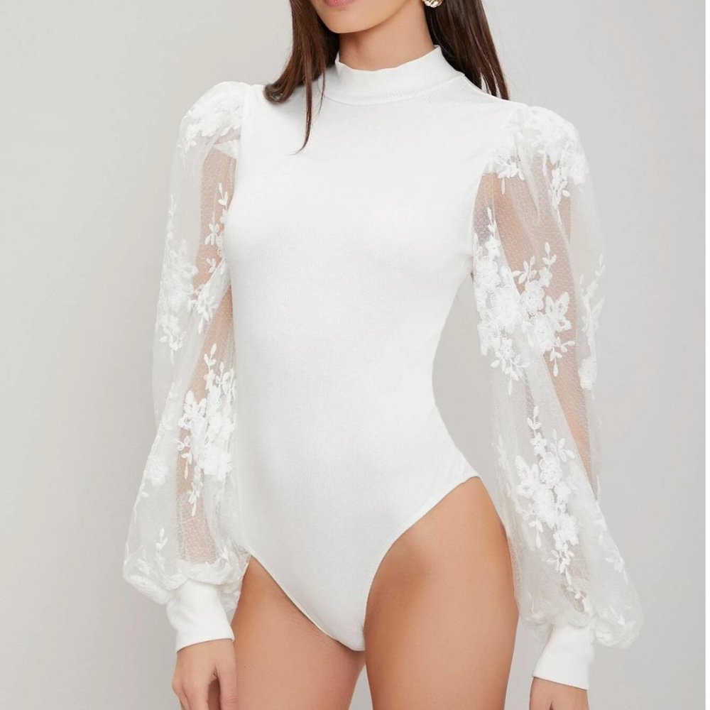 MOTF Premium Viscose Organza Sleeve Embroidered Mesh Bodysuit